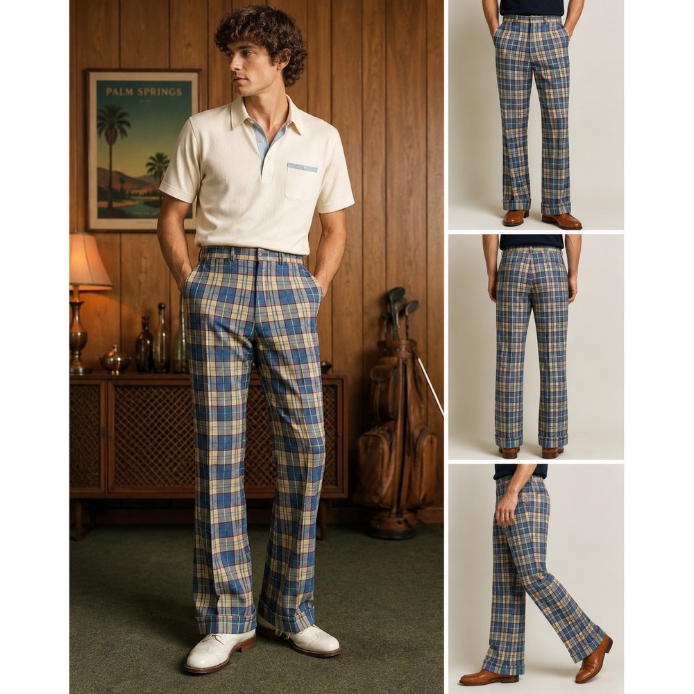 Farah Vintage 70s men's 32" Plaid Flared Trousers Made in USA Straight Leg Pants
